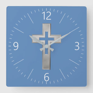 Silver Christian cross Quadratische Wanduhr
