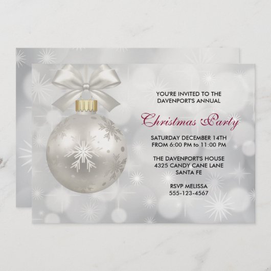 Silver Christmas Ball auf Bokeh Lights Party Einladung (Vorne/Hinten)