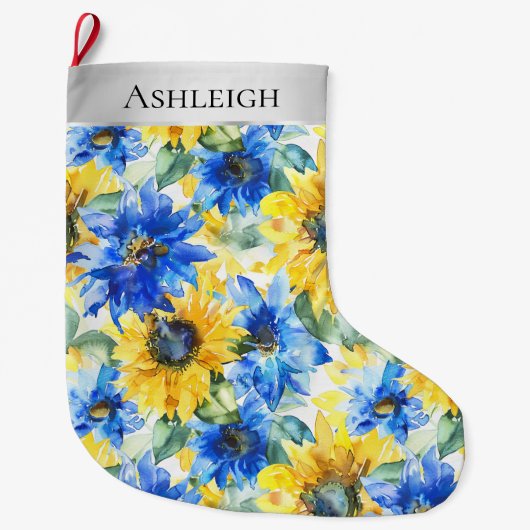 Silver Christmas Blue Yellow Flowers Großer Weihnachtsstrumpf (Vorderseite)