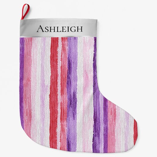 Silver Christmas Lila Button Rote Streifen Großer Weihnachtsstrumpf (Vorderseite)