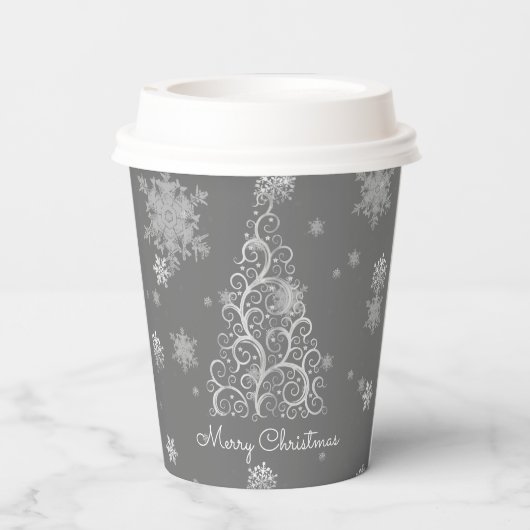 Silver Christmas Tree and Snowflakes Paper Cup Pappbecher (Rückseite)