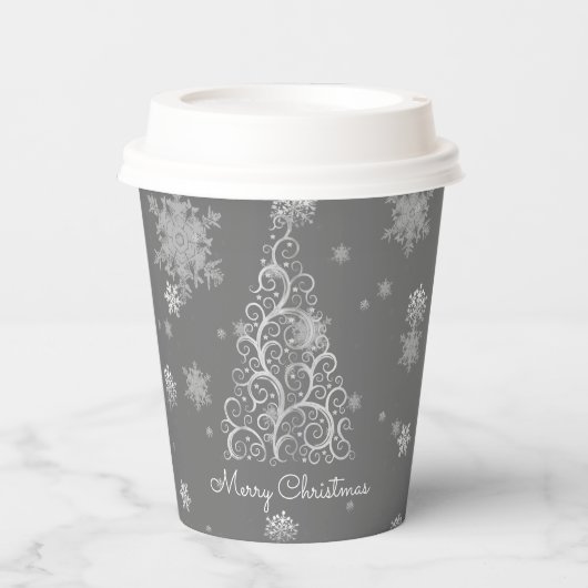 Silver Christmas Tree and Snowflakes Paper Cup Pappbecher (Vorderseite)
