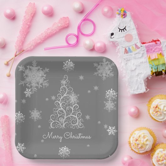 Silver Christmas Tree and Snowflakes Paper Plate Pappteller (Party)