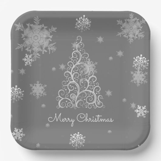 Silver Christmas Tree and Snowflakes Paper Plate Pappteller (Vorderseite)