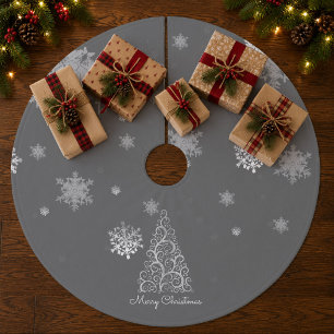 Silver Christmas Tree and Snowflakes Tree Skirt Fleece Weihnachtsbaumdecke