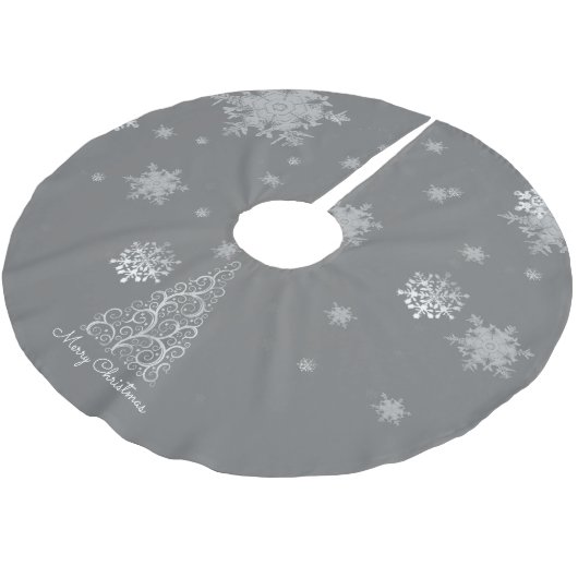 Silver Christmas Tree and Snowflakes Tree Skirt Polyester Weihnachtsbaumdecke (Schrägansicht)