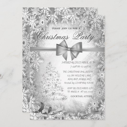 Silver Christmas Tree ,Bow Gray Christmas Party Einladung (Vorne/Hinten)