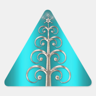 Silver Christmas Tree on Aqua Dreieckiger Aufkleber