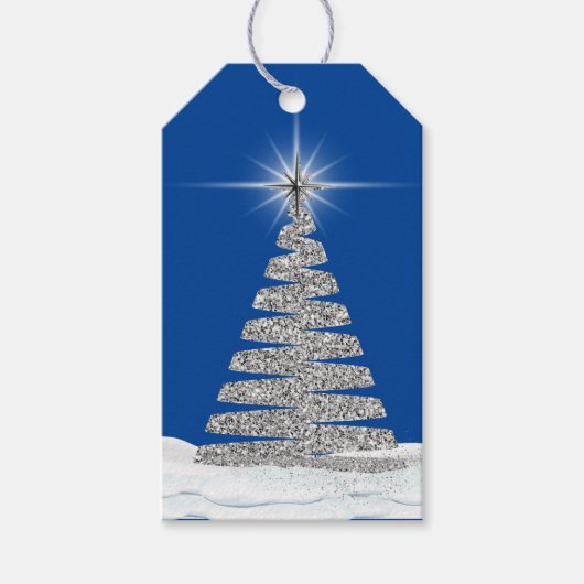 Silver Christmas Tree on Blue Geschenkanhänger (Vorderseite)