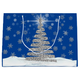 Silver Christmas Tree on Blue Holiday Große Geschenktüte