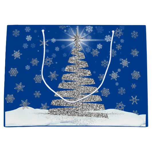 Silver Christmas Tree on Blue Holiday Große Geschenktüte (Vorderseite)