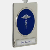 Silver Chrome Caduceus Medical Symbol auf Navy Blu Banner-Ornament Silber (Rechts)