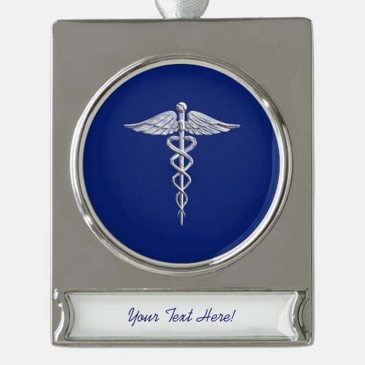 Silver Chrome Caduceus Medical Symbol auf Navy Blu Banner-Ornament Silber (Vorderseite)