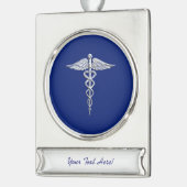 Silver Chrome Caduceus Medical Symbol auf Navy Blu Banner-Ornament Silber (Links)