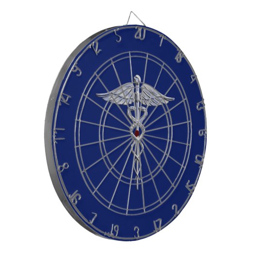 Silver Chrome Caduceus Medical Symbol auf Navy Blu Dartscheibe (Vorderseite Links)