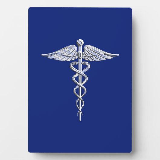 Silver Chrome Caduceus Medical Symbol auf Navy Blu Fotoplatte (Vorderseite)