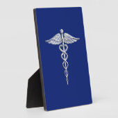 Silver Chrome Caduceus Medical Symbol auf Navy Blu Fotoplatte (Seite)