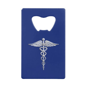 Silver Chrome Caduceus Medical Symbol auf Navy Blu Kreditkarten Flaschenöffner