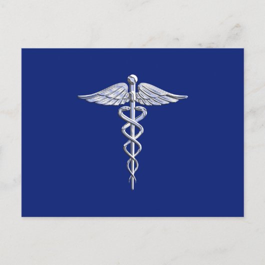 Silver Chrome Caduceus Medical Symbol auf Navy Blu Postkarte (Vorderseite)
