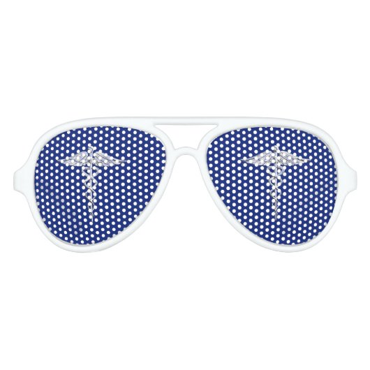 Silver Chrome Caduceus Medical Symbol auf Navy Blu Sonnenbrille (Vorderseite)