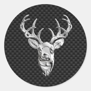Silver Chrome Deer on Carbon Fibre Style Print Runder Aufkleber