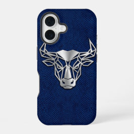 Silver Chrome Geometric Bull Blue Python iPhone 16 Hülle