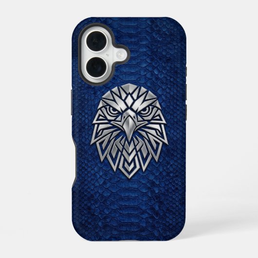 Silver Chrome Geometric Eagle Blue Python iPhone 16 Hülle (Rückseite)