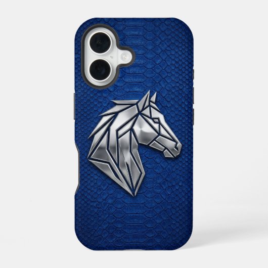 Silver Chrome Geometric Horse Blue Python iPhone 16 Hülle (Rückseite)