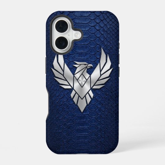 Silver Chrome Geometric Phoenix Blue Python iPhone 16 Hülle (Rückseite)