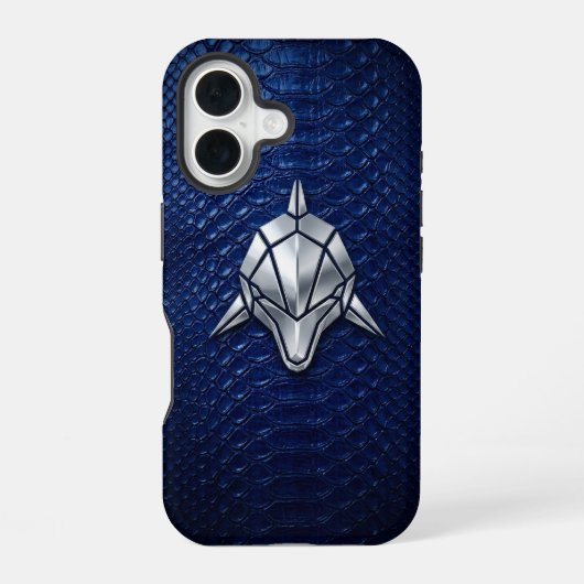Silver Chrome Geometric Shark Blue Python iPhone 16 Hülle (Rückseite)
