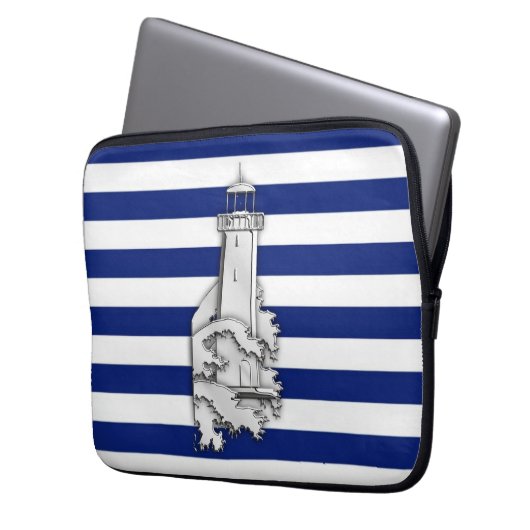 Silver Chrome Like Lighthouse auf Navy Stripes Laptopschutzhülle (Vorderseite Links)