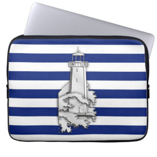 Silver Chrome Like Lighthouse auf Navy Stripes Laptopschutzhülle