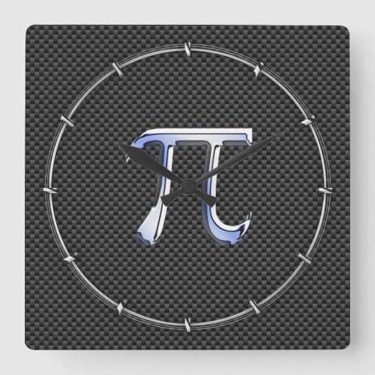 Silver Chrome like Pi Symbol auf Carbon Fibre Quadratische Wanduhr (Vorderseite)