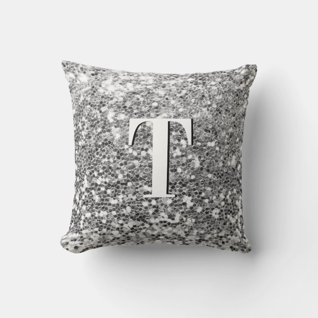 Silver Chunky Glitzer Mit Monogramm Kissen (Vorderseite)