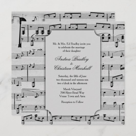 Silver Classic Music Theme Wedding Einladung (Vorne/Hinten)