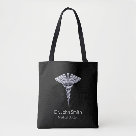 Silver Classy Medical Caduceus auf schwarz Tasche (Vorderseite)