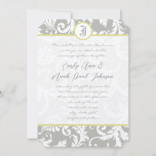Silver Cloud Gray Damask Gelbe Hochzeitseinladung Einladung (Vorderseite)
