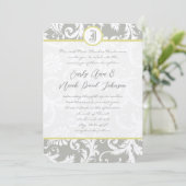 Silver Cloud Gray Damask Gelbe Hochzeitseinladung Einladung (Stehend Vorderseite)