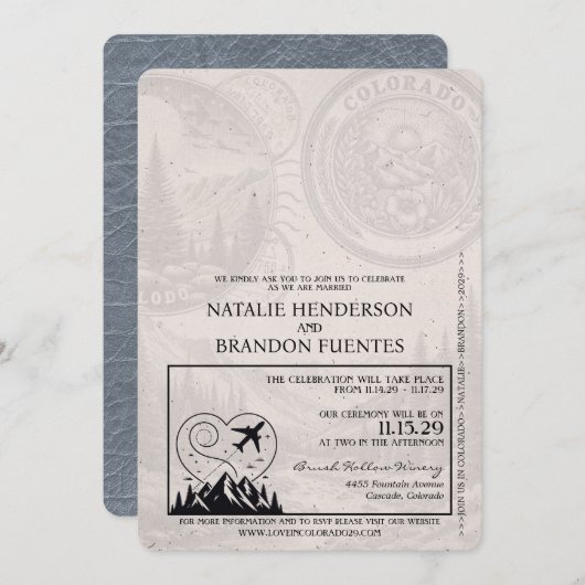Silver Colorado Passport Wedding Einladung (Vorne/Hinten)