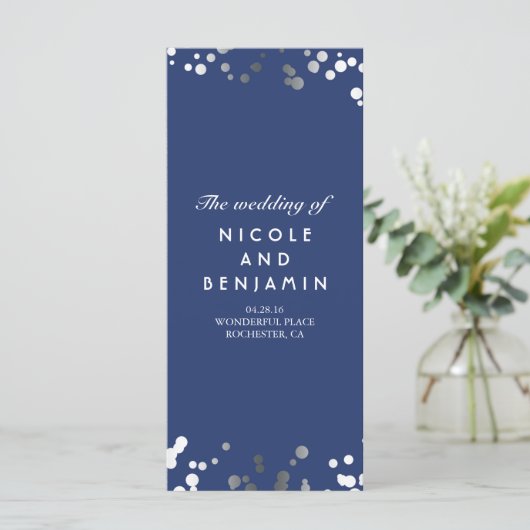 Silver Comfetti Elegant Navy Blue Wedding Programs Programm (Stehend Vorderseite)
