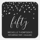 Silver Confetti am Schwarzen 50. Geburtstag Quadratischer Aufkleber (Vorderseite)