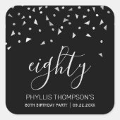 Silver Confetti am Schwarzen 80. Geburtstag Quadratischer Aufkleber (Vorderseite)