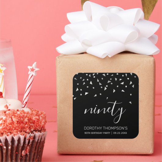 Silver Confetti am Schwarzen 90. Geburtstag Quadratischer Aufkleber (Party)
