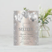 Silver Confetti Balloons Champagne Sweet 16 Einladung (Stehend Vorderseite)