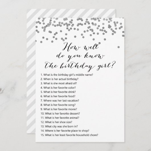 Silver Confetti Birthday - Wer kennt das Geburtsta Einladung (Vorne/Hinten)