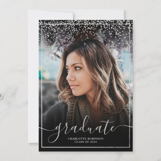 Silver Confetti border script Foto Abschluss Einladung (Vorderseite)