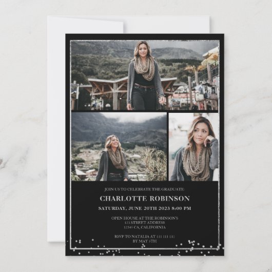 Silver Confetti border script Foto Abschluss Einladung (Rückseite)