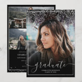 Silver Confetti border script Foto Abschluss Einladung (Vorne/Hinten)