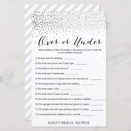 Silver Confetti Brautparty Game DRUCKT (Vorne/Hinten)