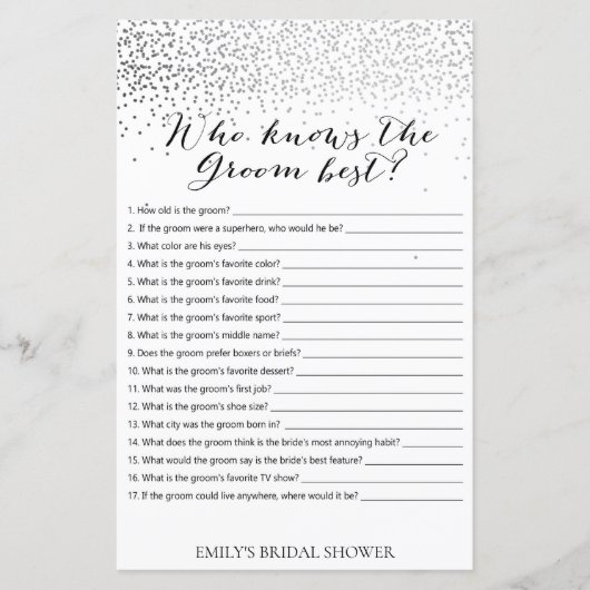 Silver Confetti Brautparty Game DRUCKT (Vorderseite)